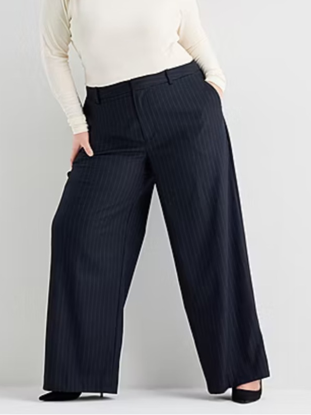 Ashley Graham Women Plus Sz 14W Navy Pin Stripe Mid-Rise Wide Leg Trouser NWT - Picture 2 of 14